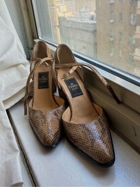 Fendi Brown Snakeskin Pointed-Toe Ankle-Strap Pumps